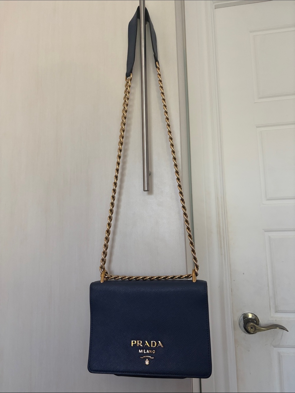 Prada Navy Saffiano Leather Crossbody with Gold Chain